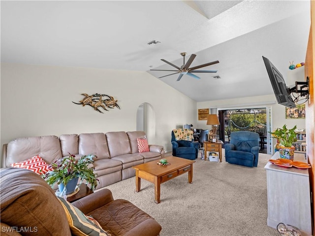 507 NE 31st St, Cape Coral, FL 33909 - living area with lofted ceiling, ceiling fan, visible vents, and carpet