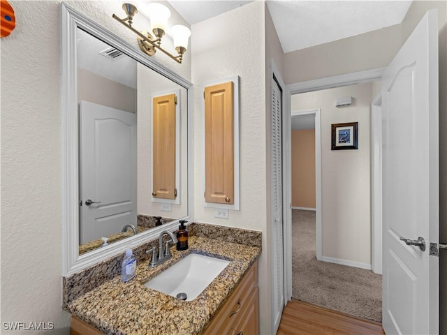 507 NE 31st St, Cape Coral, FL 33909 - bathroom with visible vents, wood finished floors, vanity, and a textured wall