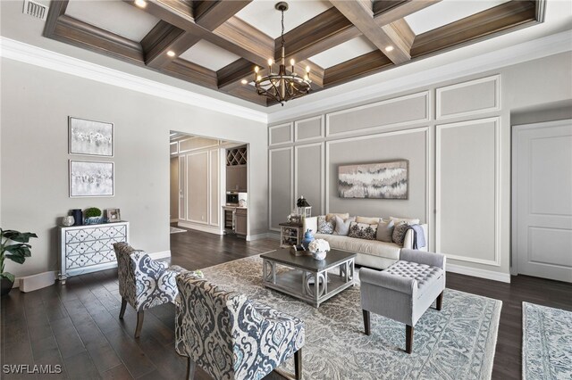 4605 Azalea Dr, Naples, FL 34119 - living room with a decorative wall, a chandelier, coffered ceiling, beam ceiling, and crown molding