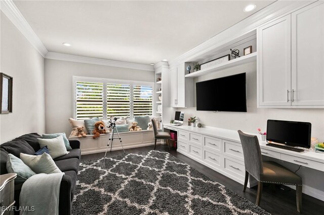 4605 Azalea Dr, Naples, FL 34119 - office area featuring built in desk, dark wood finished floors, ornamental molding, and recessed lighting