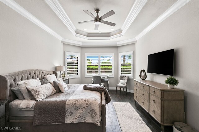4605 Azalea Dr, Naples, FL 34119 - bedroom with crown molding, dark wood-style floors, a raised ceiling, and ceiling fan