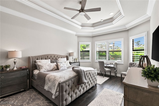 4605 Azalea Dr, Naples, FL 34119 - bedroom with a tray ceiling, multiple windows, ornamental molding, dark wood-style floors, and ceiling fan