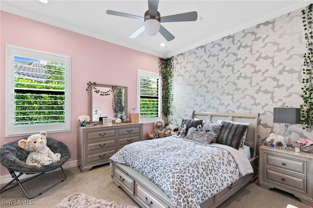 4605 Azalea Dr, Naples, FL 34119 - bedroom featuring multiple windows, ornamental molding, light carpet, wallpapered walls, and recessed lighting