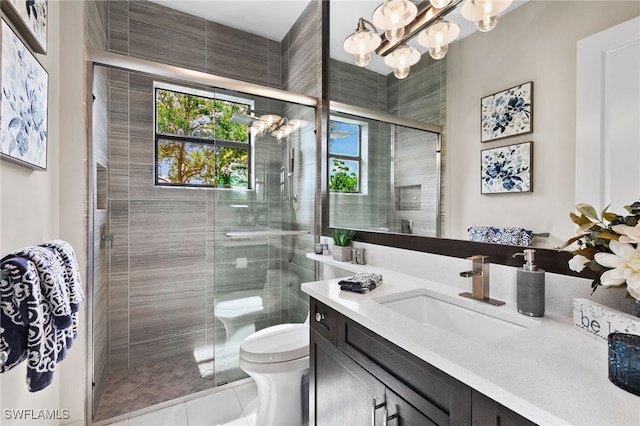 4605 Azalea Dr, Naples, FL 34119 - full bathroom featuring vanity, a stall shower, a chandelier, and tile patterned floors