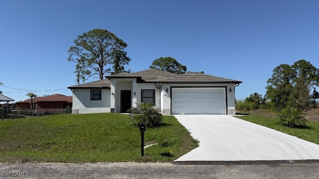 view of front of property featuring concrete driveway, a front yard, stucco siding, and an attached garage