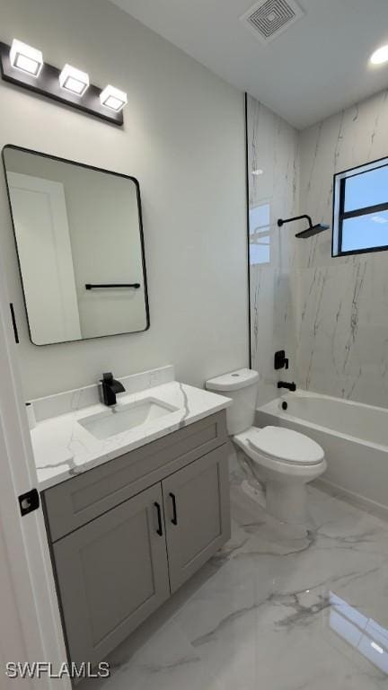 bathroom featuring toilet, marble finish floor, vanity, visible vents, and  shower combination