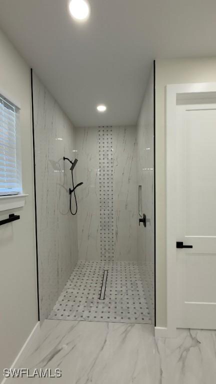 full bathroom featuring a marble finish shower, marble finish floor, baseboards, and recessed lighting
