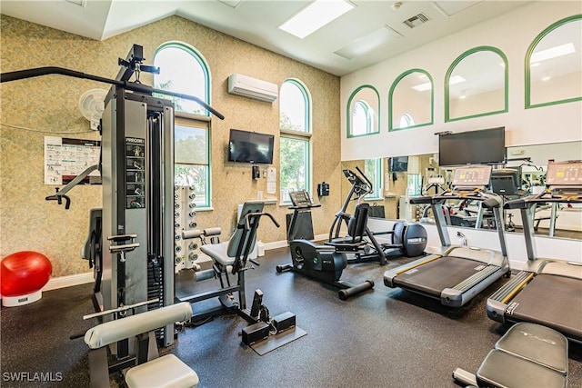 1079 Bald Eagle Dr Unit N703, Marco Island, FL 34145 - gym featuring visible vents, a wall unit AC, and wallpapered walls