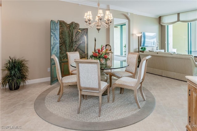 1079 Bald Eagle Dr Unit N703, Marco Island, FL 34145 - dining space featuring baseboards, ornamental molding, an inviting chandelier, and light tile patterned flooring