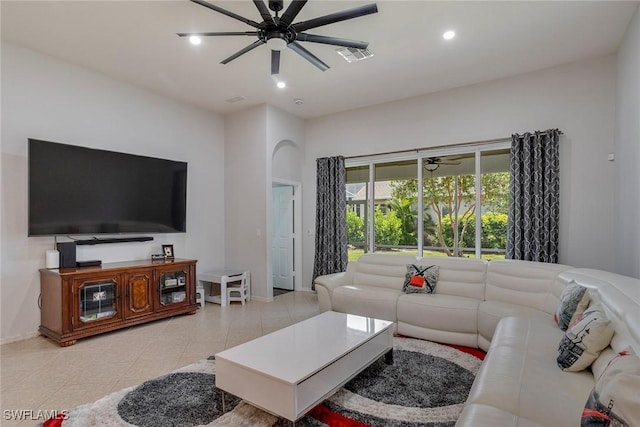 8546 Silk Oak Ln, Naples, FL 34119 - tiled living area featuring a ceiling fan, baseboards, and recessed lighting
