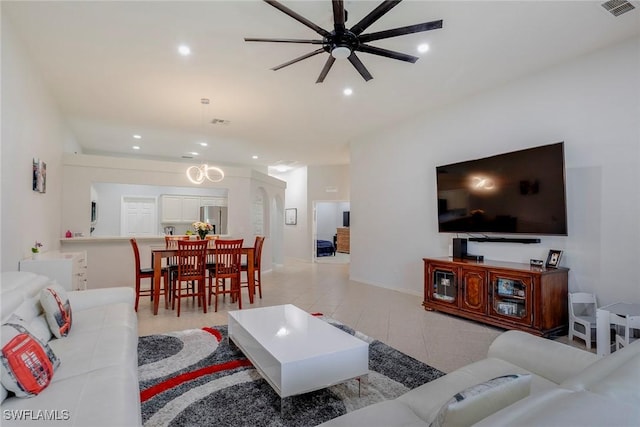 8546 Silk Oak Ln, Naples, FL 34119 - living room featuring recessed lighting, ceiling fan, and light tile patterned floors