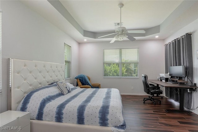 8546 Silk Oak Ln, Naples, FL 34119 - bedroom featuring dark wood-type flooring, an office area, recessed lighting, baseboards, and a ceiling fan