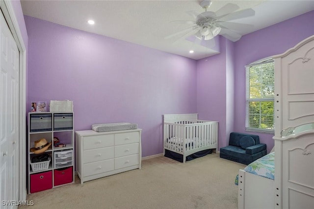 8546 Silk Oak Ln, Naples, FL 34119 - bedroom with carpet, ceiling fan, a crib, and recessed lighting