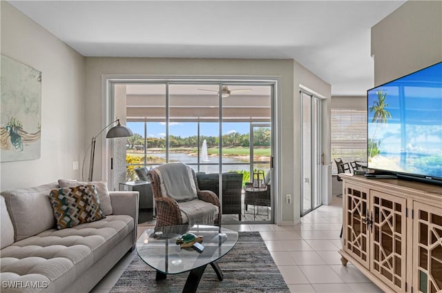 living room featuring light tile patterned flooring