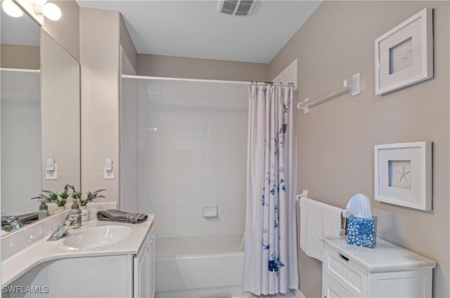 full bath featuring shower / bathtub combination with curtain and vanity