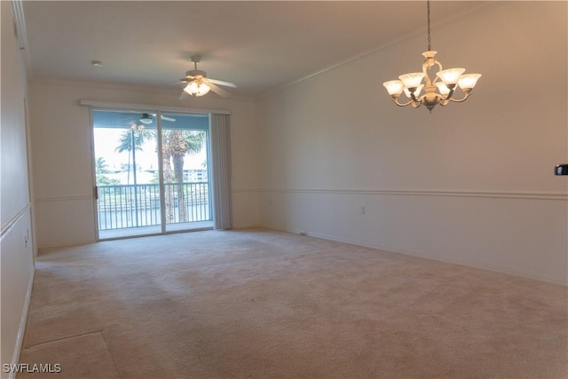 spare room with baseboards, ornamental molding, light colored carpet, and ceiling fan with notable chandelier