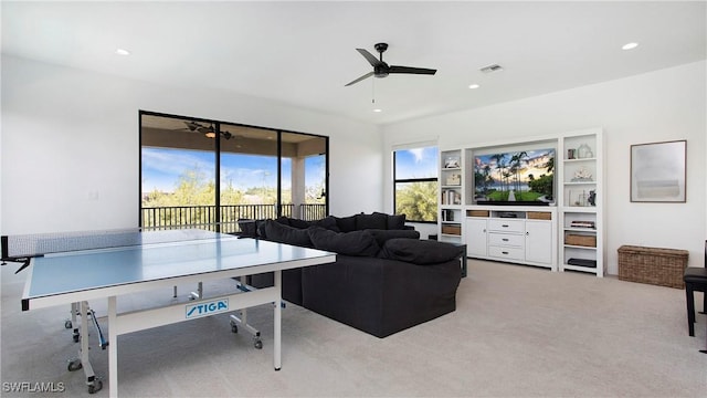 2954 Cinnamon Bay Cir, Naples, FL 34119 - game room featuring light carpet, ceiling fan, and recessed lighting