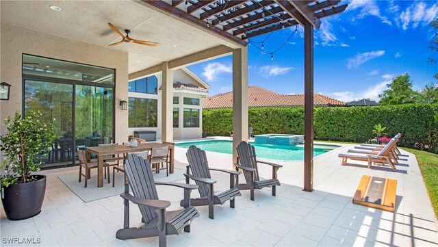 2954 Cinnamon Bay Cir, Naples, FL 34119 - view of patio / terrace with a pergola, ceiling fan, a pool with connected hot tub, and outdoor dining space