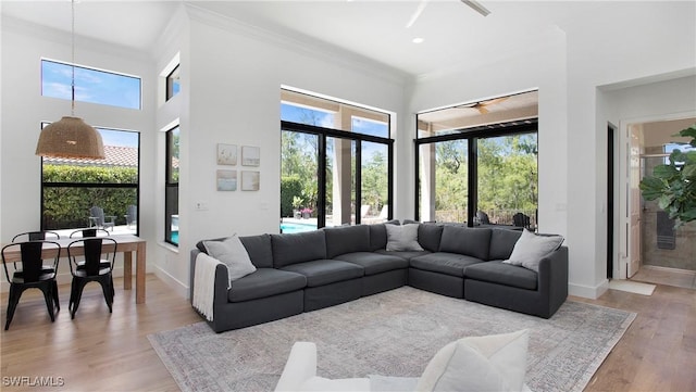 2954 Cinnamon Bay Cir, Naples, FL 34119 - living area featuring crown molding, light wood-style floors, baseboards, and a high ceiling