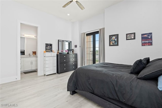388 Pine Ave, Naples, FL 34108 - bedroom with light wood-style flooring, access to outside, ensuite bathroom, ceiling fan, and baseboards