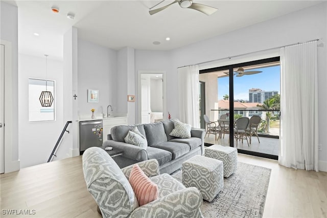 388 Pine Ave, Naples, FL 34108 - living room featuring ceiling fan, light wood finished floors, and recessed lighting