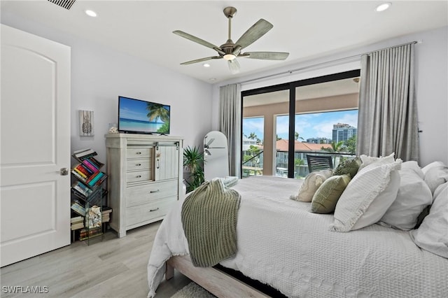 388 Pine Ave, Naples, FL 34108 - bedroom featuring light wood finished floors, recessed lighting, access to outside, and a ceiling fan