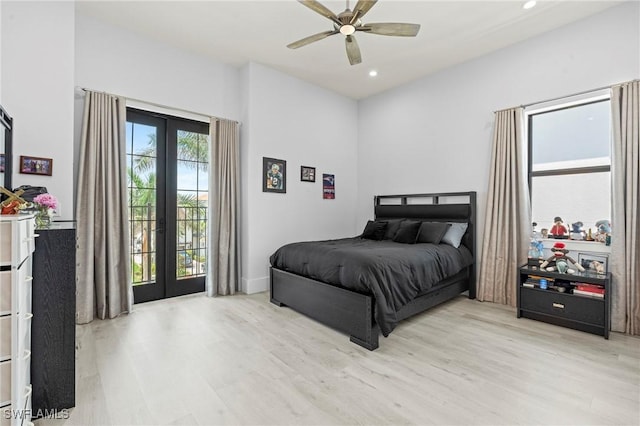 388 Pine Ave, Naples, FL 34108 - bedroom with french doors, light wood-type flooring, access to outside, recessed lighting, and a ceiling fan