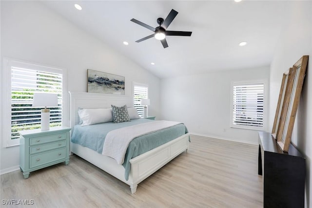 bedroom with light wood-style floors, recessed lighting, baseboards, lofted ceiling, and ceiling fan
