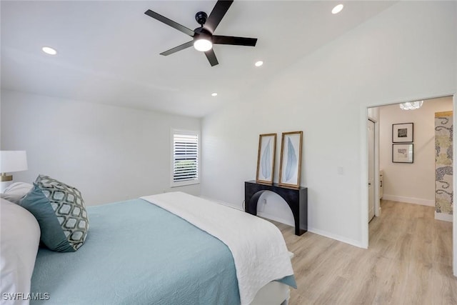 bedroom with light wood-style flooring, recessed lighting, baseboards, and ceiling fan