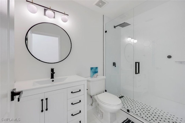 full bathroom with a shower stall, vanity, and toilet