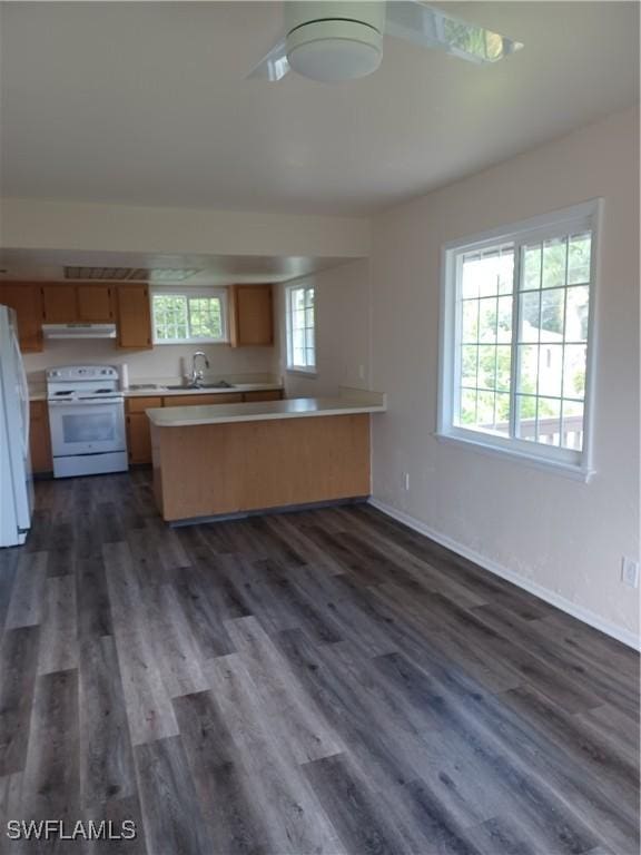 kitchen featuring white appliances, under cabinet range hood, light countertops, a peninsula, and dark wood-style floors