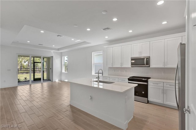 kitchen with visible vents, a sink, open floor plan, a raised ceiling, and appliances with stainless steel finishes