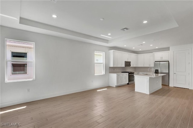 44287 Panther Dr, Punta Gorda, FL 33982 - kitchen with a tray ceiling, appliances with stainless steel finishes, open floor plan, light countertops, and recessed lighting
