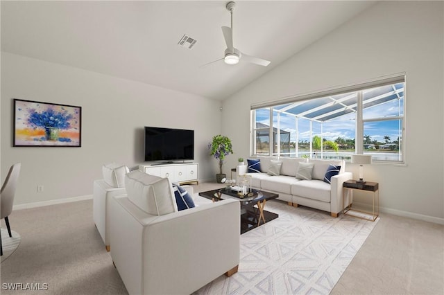 1526 Vintage Ln, Naples, FL 34104 - living area featuring light colored carpet, a ceiling fan, baseboards, and high vaulted ceiling
