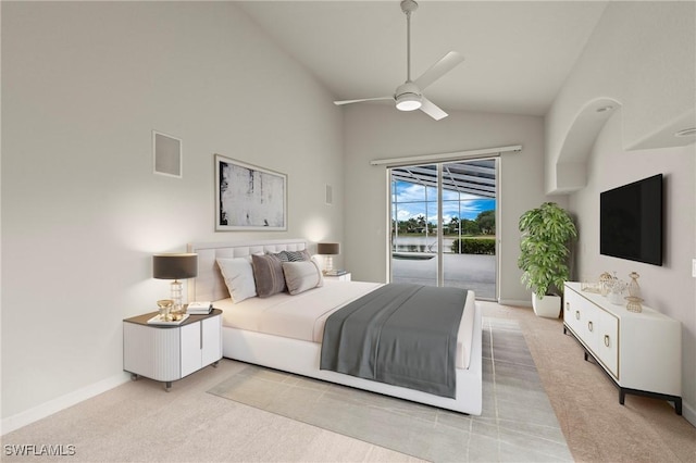 1526 Vintage Ln, Naples, FL 34104 - bedroom with access to exterior, light carpet, baseboards, high vaulted ceiling, and a ceiling fan