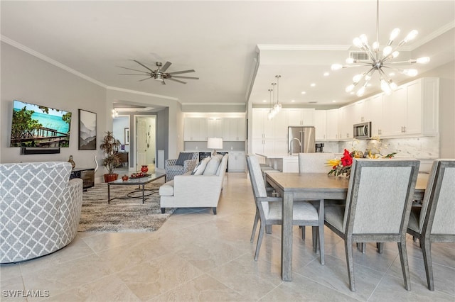 9380 Triana Ter Unit 312, Fort Myers, FL 33912 - dining space with a chandelier, crown molding, a ceiling fan, and light tile patterned floors