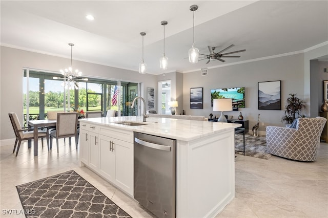 9380 Triana Ter Unit 312, Fort Myers, FL 33912 - kitchen with a sink, dishwasher, open floor plan, light stone countertops, and white cabinets