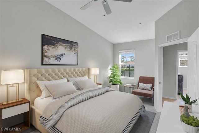 3435 Laurel Greens Ln S Unit 202, Naples, FL 34119 - bedroom featuring carpet, vaulted ceiling, and ceiling fan
