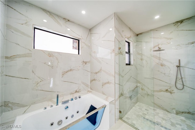 710 SW 25th Ln, Cape Coral, FL 33914 - bathroom with a marble finish shower, a jetted tub, and recessed lighting