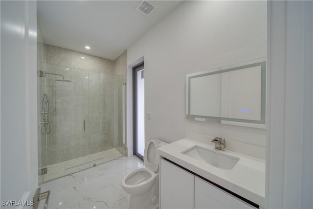 710 SW 25th Ln, Cape Coral, FL 33914 - bathroom with marble finish flooring, a shower stall, vanity, toilet, and healthy amount of natural light