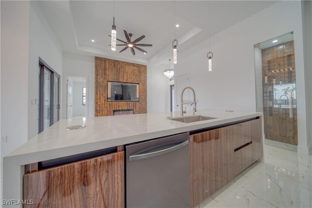 710 SW 25th Ln, Cape Coral, FL 33914 - kitchen with modern cabinets, a sink, dishwasher, a tray ceiling, and recessed lighting