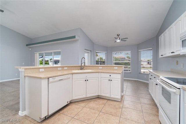 3113 SW 22nd Pl, Cape Coral, FL 33914 - kitchen featuring white appliances, a sink, light tile patterned floors, a ceiling fan, and light countertops