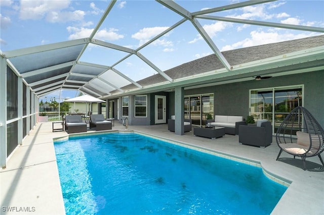 3113 SW 22nd Pl, Cape Coral, FL 33914 - outdoor pool featuring an outdoor living space, a patio, glass enclosure, and a ceiling fan