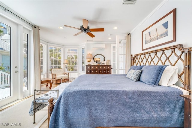 bedroom featuring a wall mounted AC, access to exterior, ornamental molding, recessed lighting, and a ceiling fan