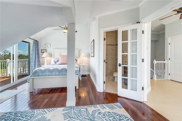 bedroom featuring hardwood / wood-style flooring, access to exterior, french doors, ornamental molding, and baseboards
