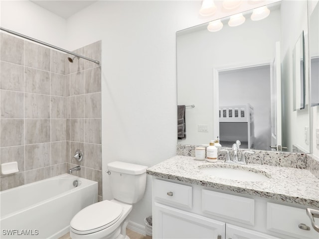 full bath with toilet, shower / tub combination, and vanity
