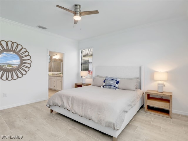 bedroom with crown molding, ensuite bath, baseboards, ceiling fan, and light tile patterned floors