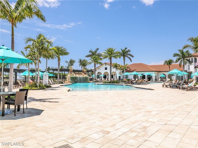 community pool with a patio area