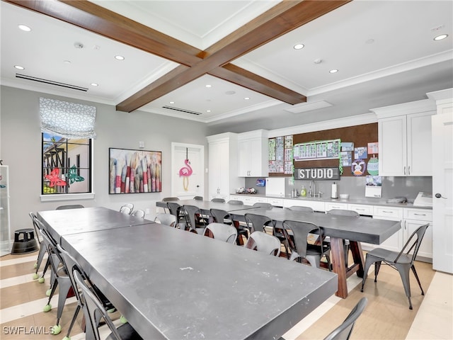 dining space featuring crown molding, recessed lighting, beam ceiling, coffered ceiling, and light tile patterned floors