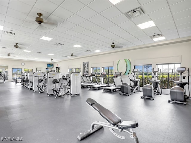 workout area featuring a drop ceiling and healthy amount of natural light